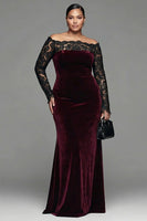 Load image into Gallery viewer, Burgundy Velvet Mermaid Plus Size Long Sleeves Holiday Party Dress with Lace