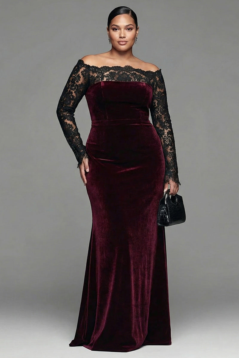 Load image into Gallery viewer, Burgundy Velvet Mermaid Plus Size Long Sleeves Holiday Party Dress with Lace
