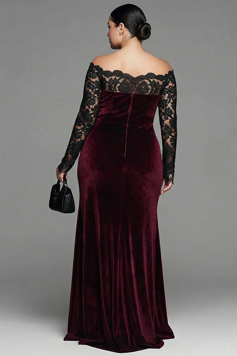 Load image into Gallery viewer, Burgundy Velvet Mermaid Plus Size Long Sleeves Holiday Party Dress with Lace