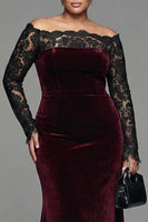 Load image into Gallery viewer, Burgundy Velvet Mermaid Plus Size Long Sleeves Holiday Party Dress with Lace
