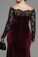 Load image into Gallery viewer, Burgundy Velvet Mermaid Plus Size Long Sleeves Holiday Party Dress with Lace