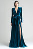 Load image into Gallery viewer, Peacock Blue A Line Ruched Velvet Long Sleeves Holiday Party Dress with Sash