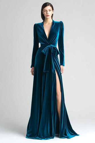 Peacock Blue A Line Ruched Velvet Long Sleeves Holiday Party Dress with Sash