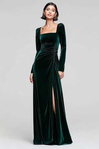Dark Green Velvet Square Neck Sheath Long Sleeves Holiday Party Dress with Slit