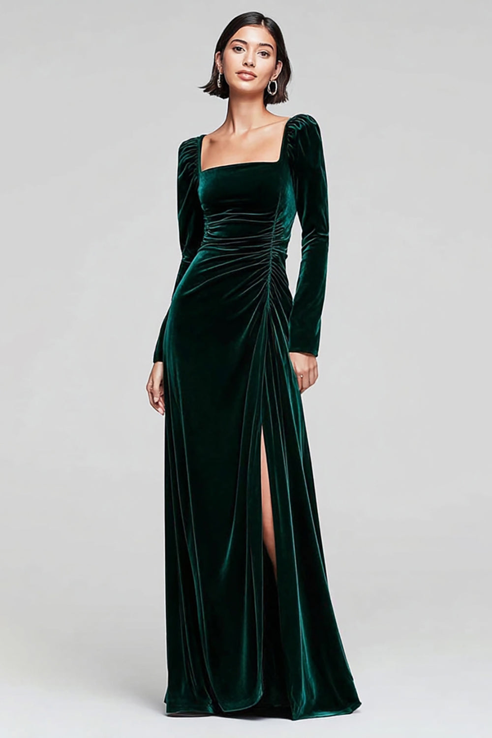 Dark Green Velvet Square Neck Sheath Long Sleeves Holiday Party Dress with Slit