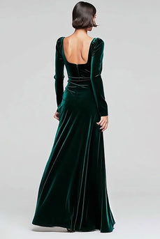 Dark Green Velvet Square Neck Sheath Long Sleeves Holiday Party Dress with Slit