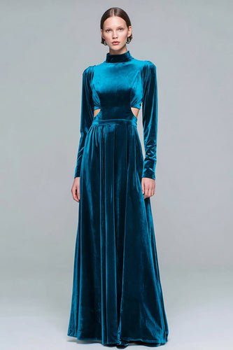 Peacock Blue Cut Out High Neck Velvet Long Sleeves Holiday Party Dress