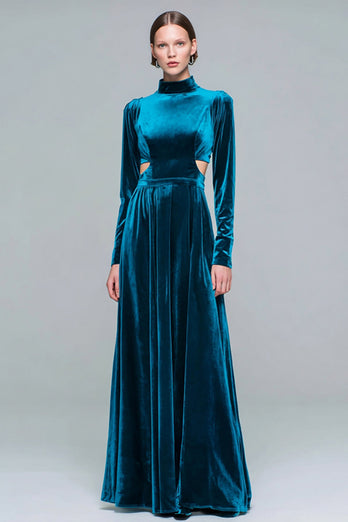 Peacock Blue Cut Out High Neck Velvet Long Sleeves Holiday Party Dress