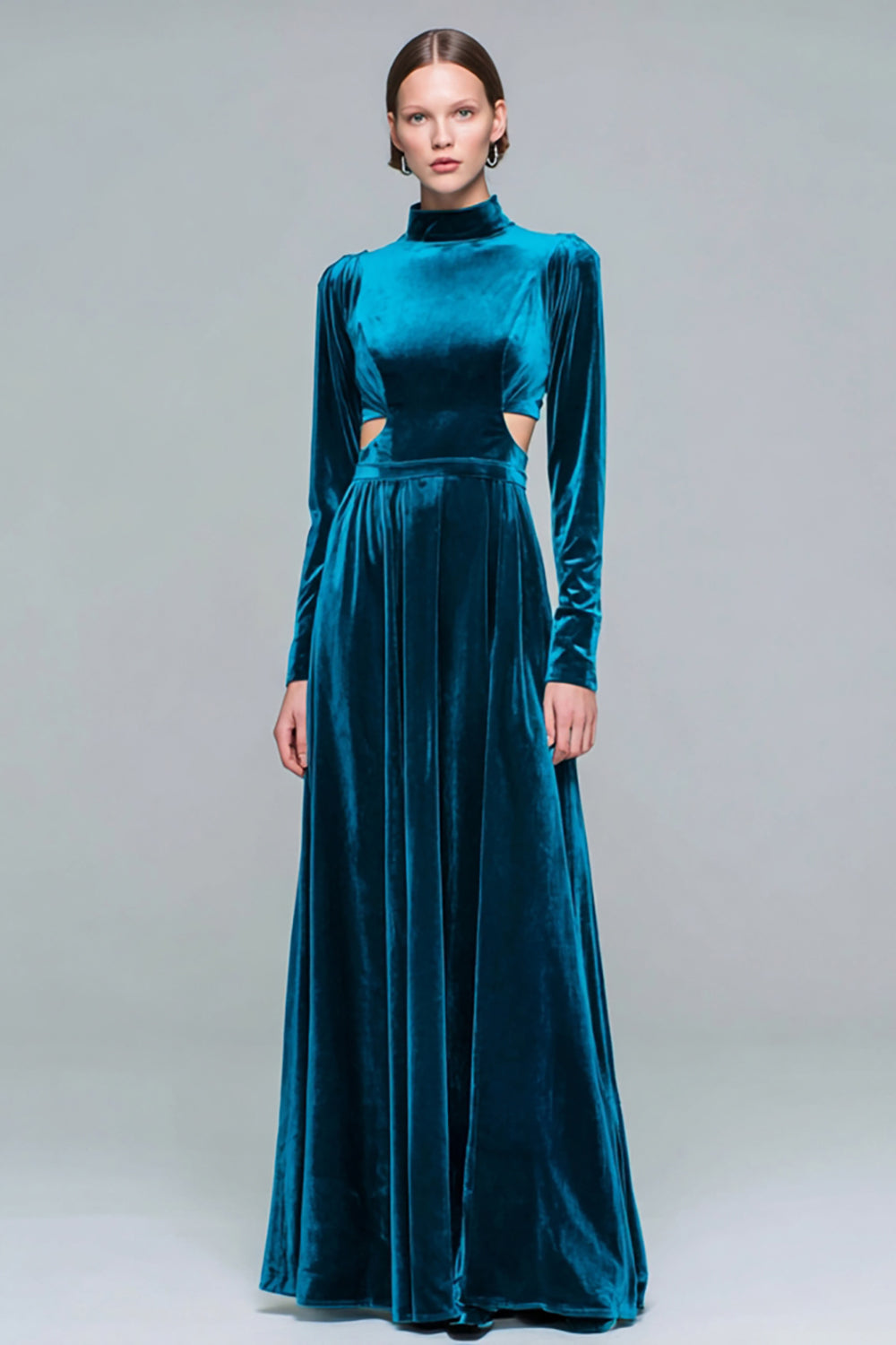 Peacock Blue Cut Out High Neck Velvet Long Sleeves Holiday Party Dress
