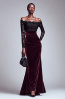Load image into Gallery viewer, Black and Burgundy Long Sleeves Velvet Holiday Party Dress with Lace