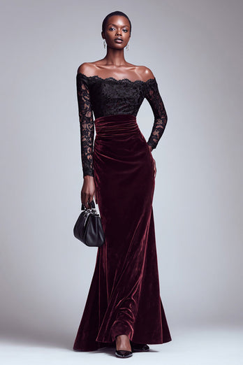 Black and Burgundy Long Sleeves Velvet Holiday Party Dress with Lace