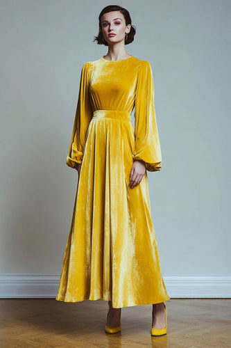 Yellow Velvet A Line Round Neck Long Sleeves Holiday Party Dress