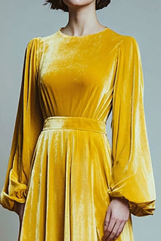 Yellow Velvet A Line Round Neck Long Sleeves Holiday Party Dress