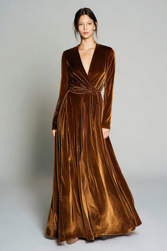 Brown Pleated Velvet A Line Long Sleeves Holiday Party Dress