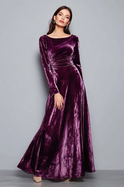 Women Plum Velvet Long Sleeves Holiday Party Dress Boat Neck Ruched A Line Maxi Formal Dress