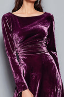 Load image into Gallery viewer, Plum A Line Velvet Boat Neck Long Sleeves Holiday Party Dress