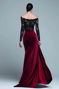 Black and Burgundy Velvet Mermaid Long Sleeves Holiday Party Dress with Lace