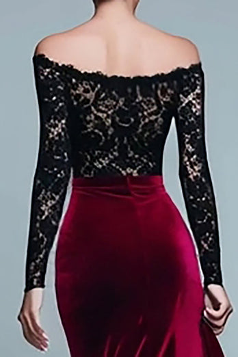 Black and Burgundy Velvet Mermaid Long Sleeves Holiday Party Dress with Lace