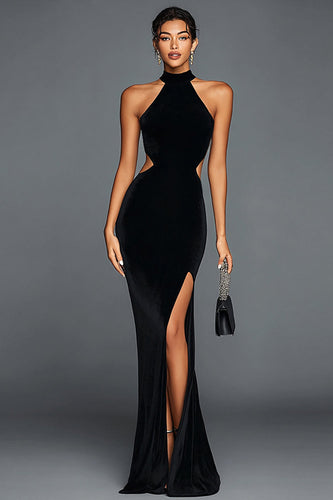 Black Velvet Halter Mermaid Maxi Holiday Party Dress with Slit