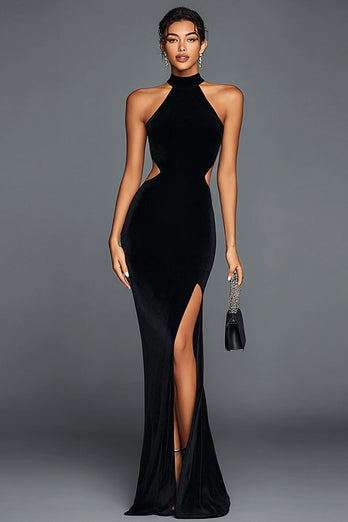 Black Velvet Halter Mermaid Maxi Holiday Party Dress with Slit