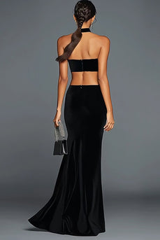 Black Velvet Halter Mermaid Maxi Holiday Party Dress with Slit