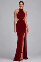 Load image into Gallery viewer, Black Velvet Halter Mermaid Maxi Holiday Party Dress with Slit