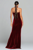 Load image into Gallery viewer, Burgundy Velvet Halter Keyhole Mermaid Maxi Holiday Party Dress with Slit