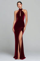 Load image into Gallery viewer, Burgundy Velvet Halter Keyhole Mermaid Maxi Holiday Party Dress with Slit