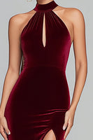Load image into Gallery viewer, Burgundy Velvet Halter Keyhole Mermaid Maxi Holiday Party Dress with Slit