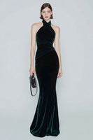 Load image into Gallery viewer, Dark Green Mermaid Halter Velvet Long Holiday Party Dress