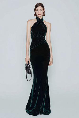 Dark Green Mermaid Halter Velvet Long Holiday Party Dress