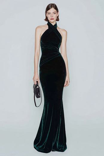 Dark Green Mermaid Halter Velvet Long Holiday Party Dress