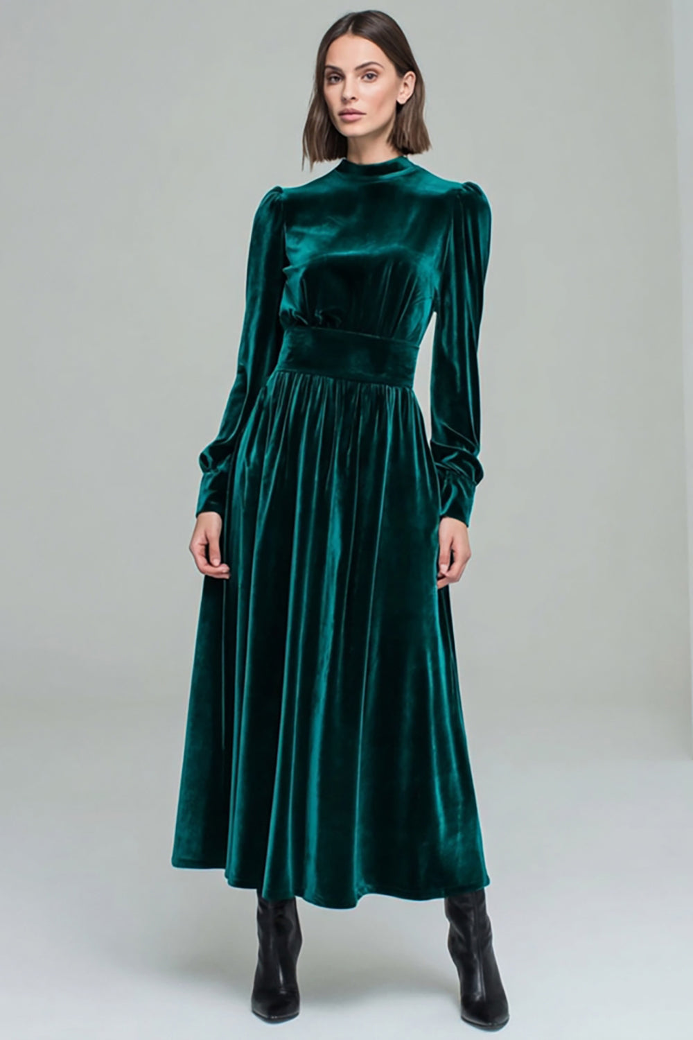 Peacock Green Velvet A Line Long Holiday Party Dress with Sleeves