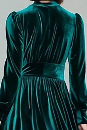 Peacock Green Velvet A Line Long Holiday Party Dress with Sleeves