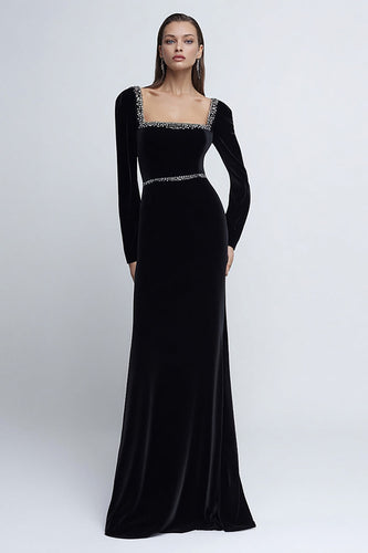 Sparkly Black Long Sleeves Velvet Holiday Party Dress with Beading