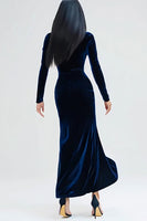 Load image into Gallery viewer, Navy Velvet Long Sleeves Mermaid Holiday Party Dress with Slit