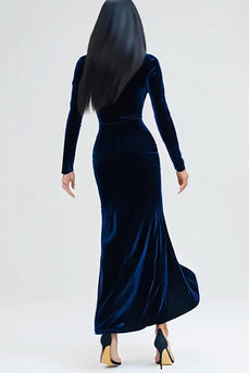 Navy Velvet Long Sleeves Mermaid Holiday Party Dress with Slit