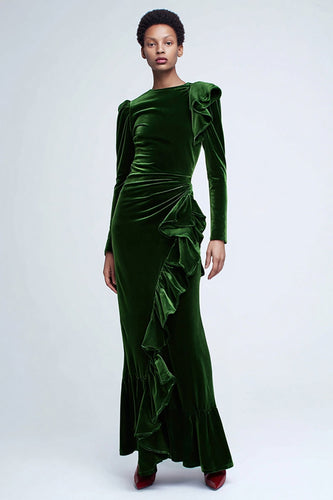 Green Mermaid Velvet Long Ruffled Holiday Party Dress with Sleeves