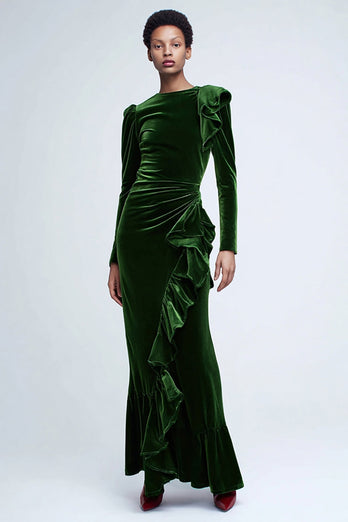 Green Mermaid Velvet Long Ruffled Holiday Party Dress with Sleeves