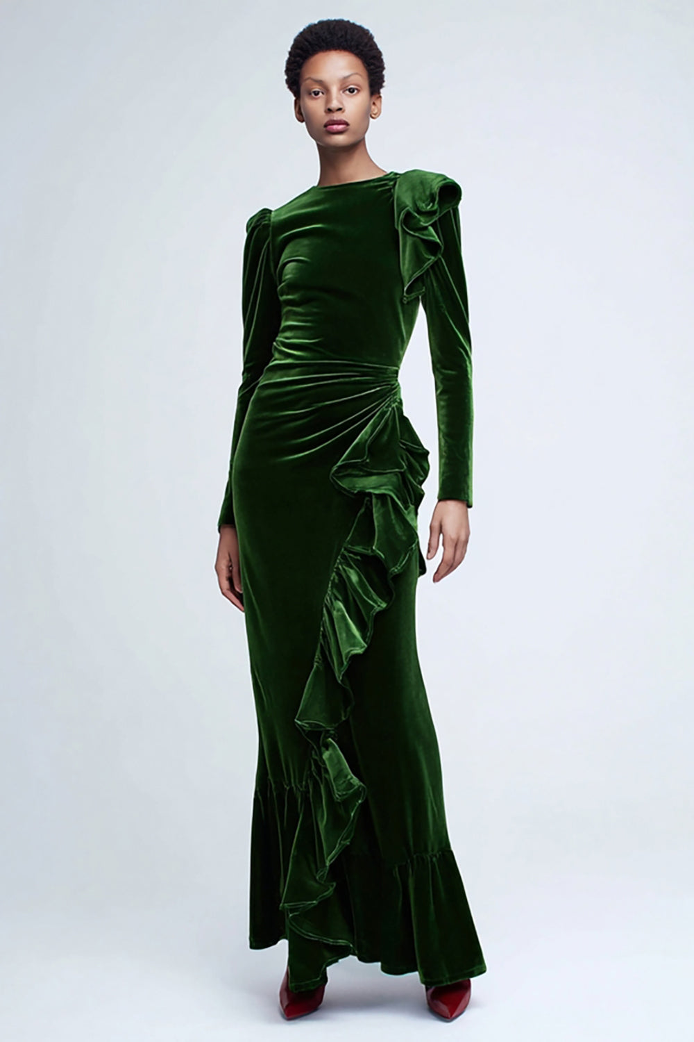 Green Mermaid Velvet Long Ruffled Holiday Party Dress with Sleeves