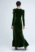 Load image into Gallery viewer, Green Mermaid Velvet Long Ruffled Holiday Party Dress with Sleeves