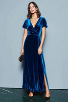 Load image into Gallery viewer, Dark Blue V-Neck Velvet Maxi Holiday Party Dress with Slit