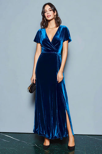 Dark Blue V-Neck Velvet Maxi Holiday Party Dress with Slit