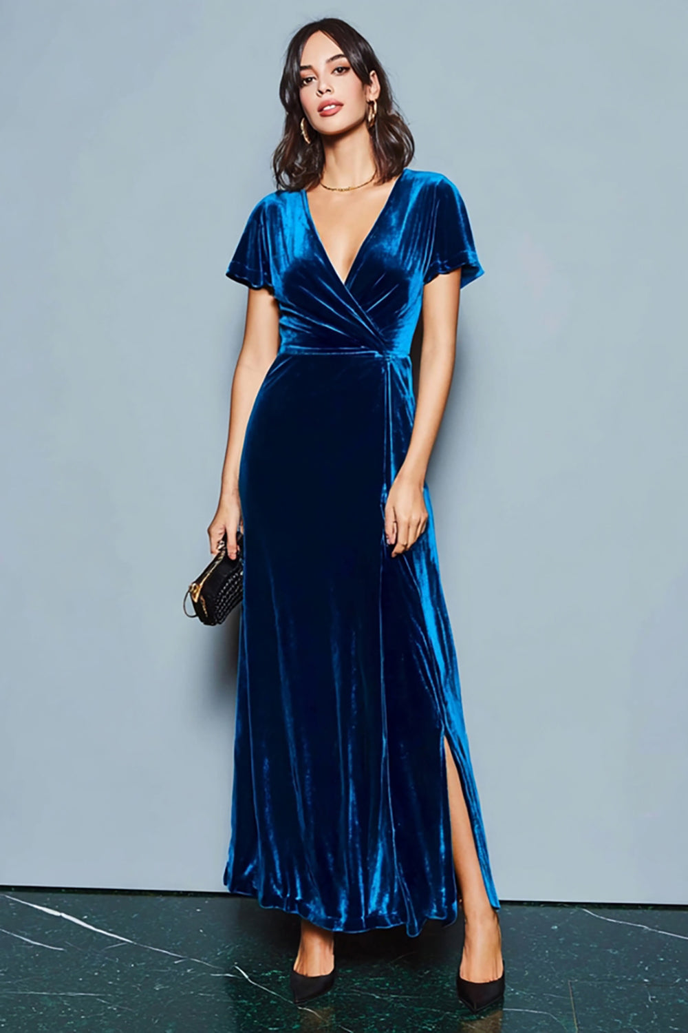 Dark Blue V-Neck Velvet Maxi Holiday Party Dress with Slit