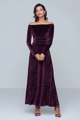 Plum A Line Velvet Long Holiday Party Dress with Sleeves