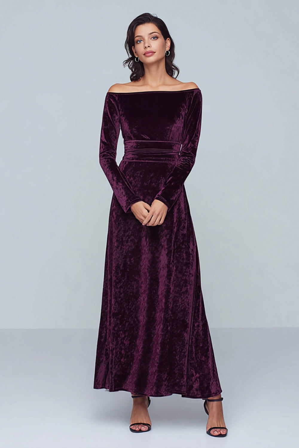 Plum A Line Velvet Long Holiday Party Dress with Sleeves