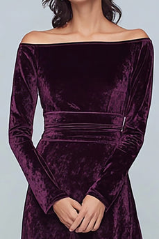 Plum A Line Velvet Long Holiday Party Dress with Sleeves
