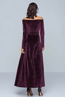 Plum A Line Velvet Long Holiday Party Dress with Sleeves