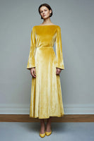 Load image into Gallery viewer, Yellow Long A Line Velvet Holiday Party Dress with Sleeves