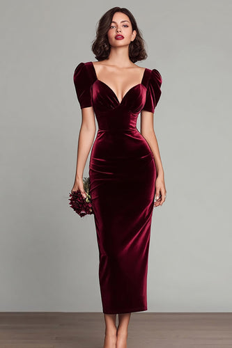 Burgundy Sheath Maxi Velvet Holiday Party Dress